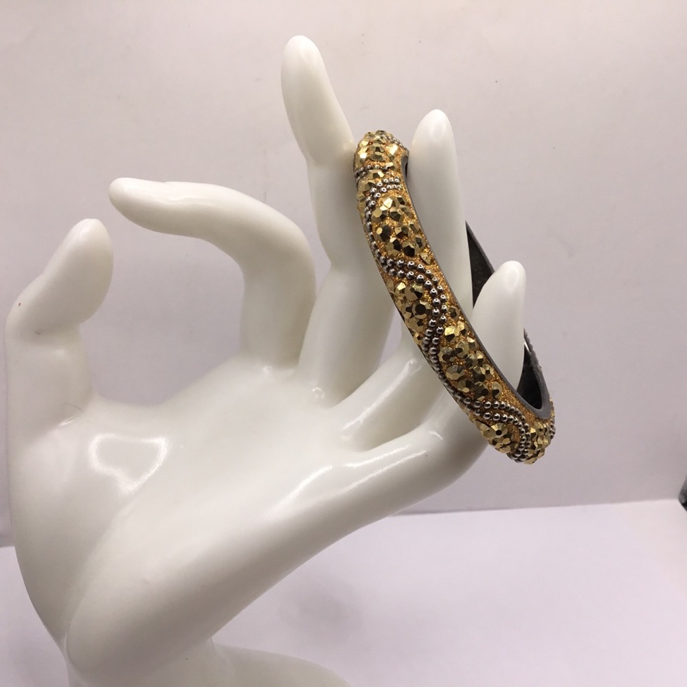 Vintage Gold Amber Crystal Bangle Bracelet Silver Beads
